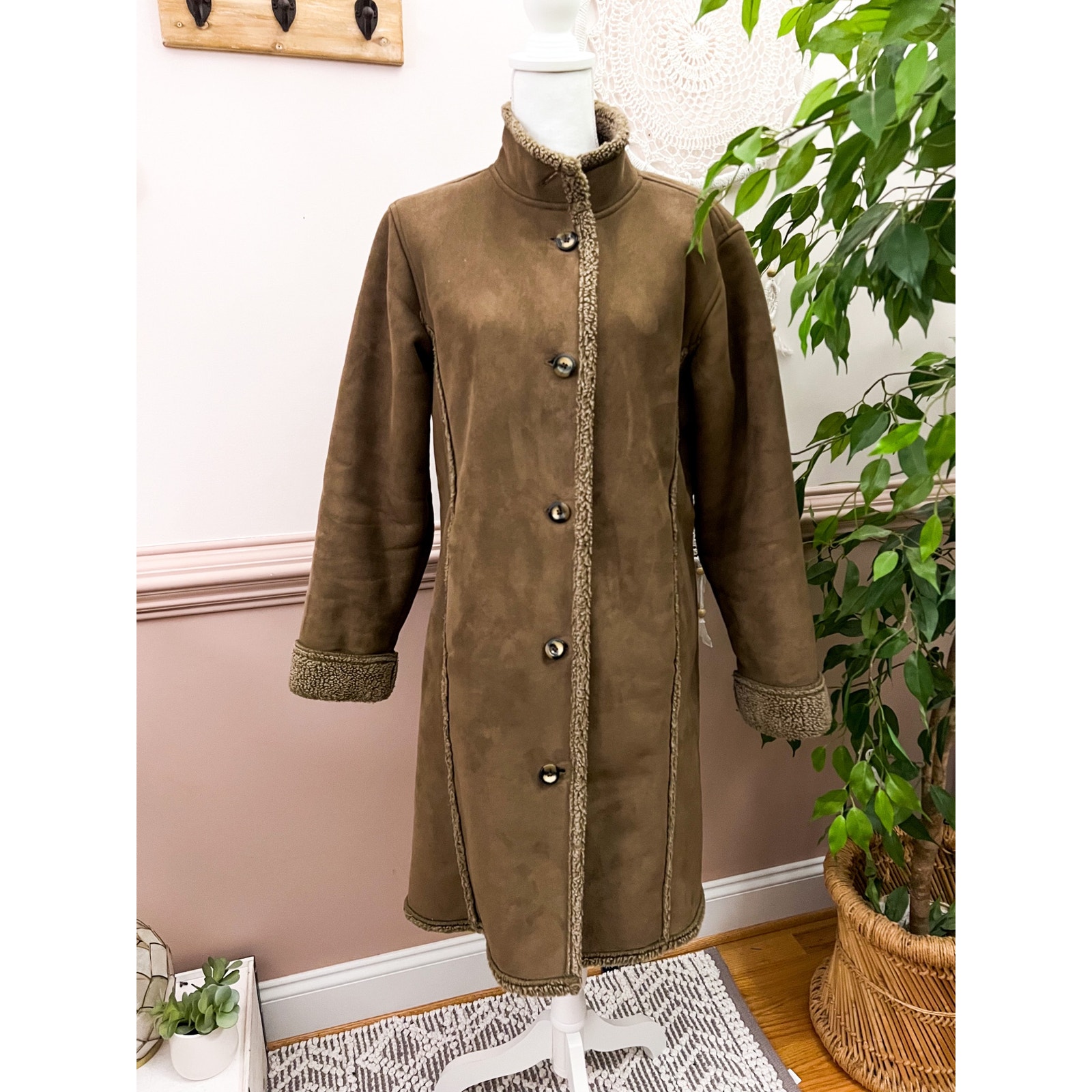 L.L. Bean Long Faux Suede And Shearling Lined Jacket Size Medium